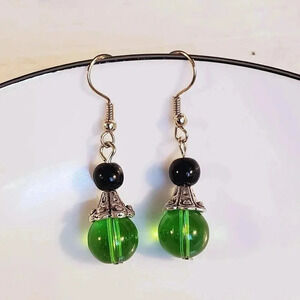Antique Silver Carved Bead Caps Green Black Glass Earrings